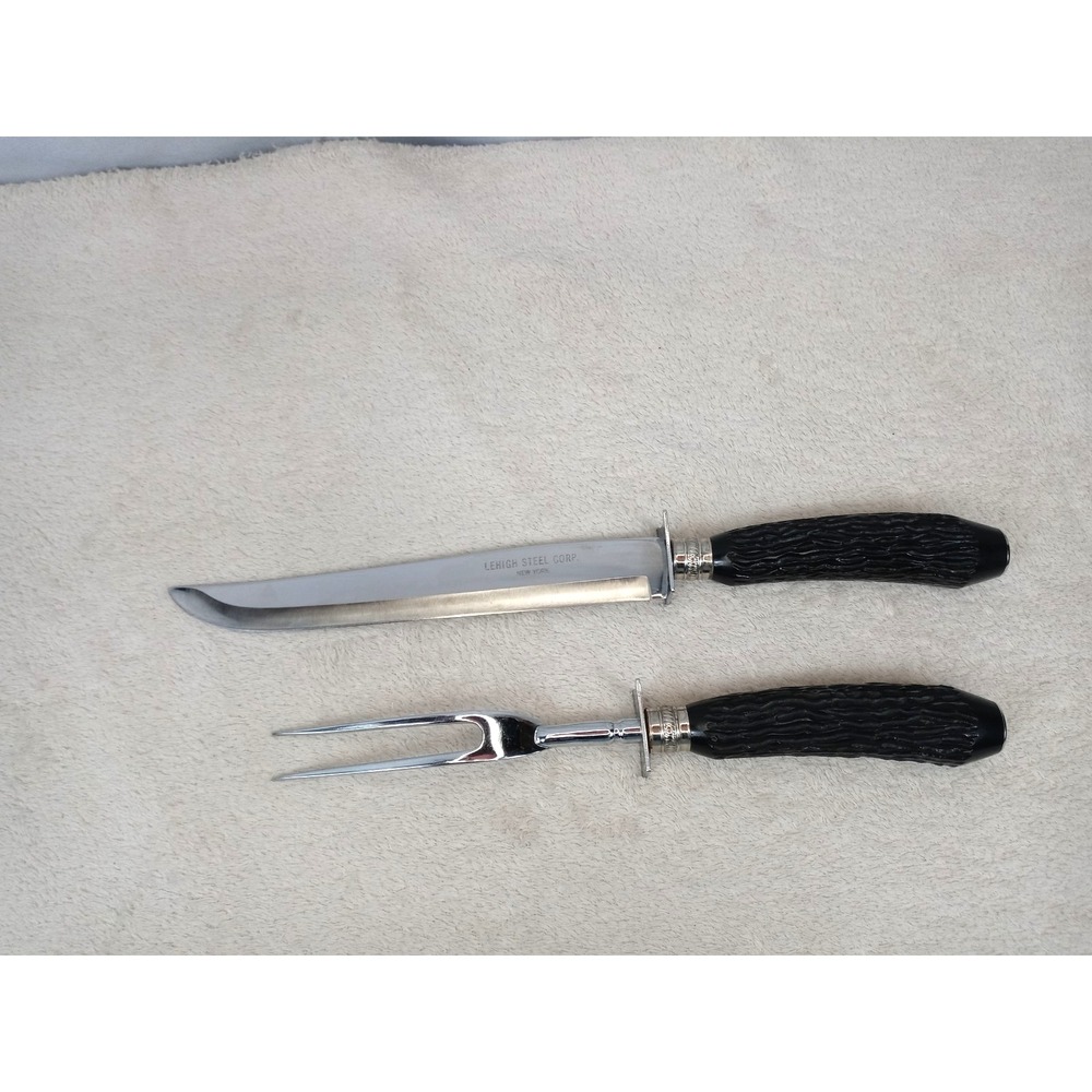 Vintage Thanksgiving Carving Set Lehigh Steel USA‎ Stag Handle MCM Holiday Knife